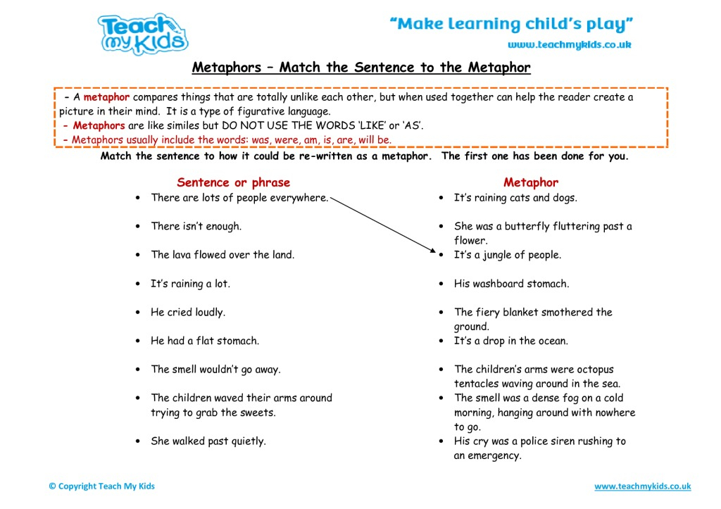 Metaphors Match The Sentence To The Metaphor TMK Education