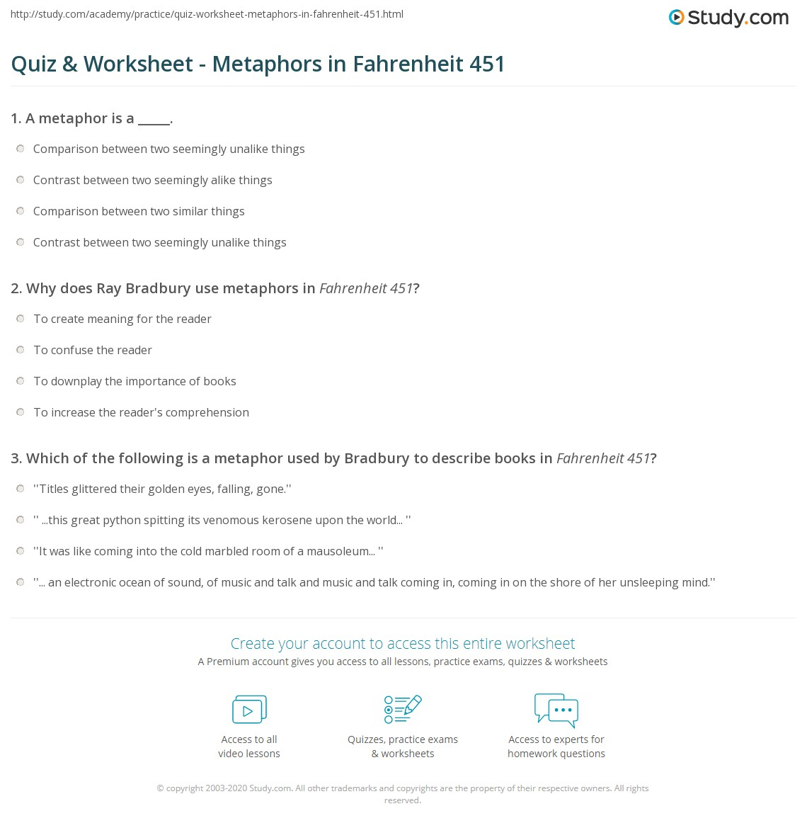 Quiz Worksheet Metaphors In Fahrenheit 451 Study