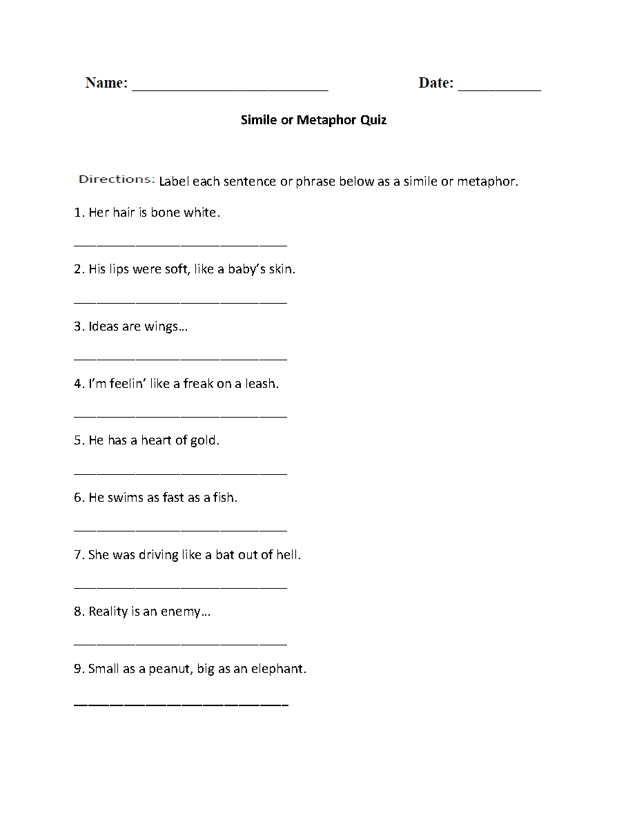 Simile Or Metaphor Quiz Worksheet Similes And Metaphors 