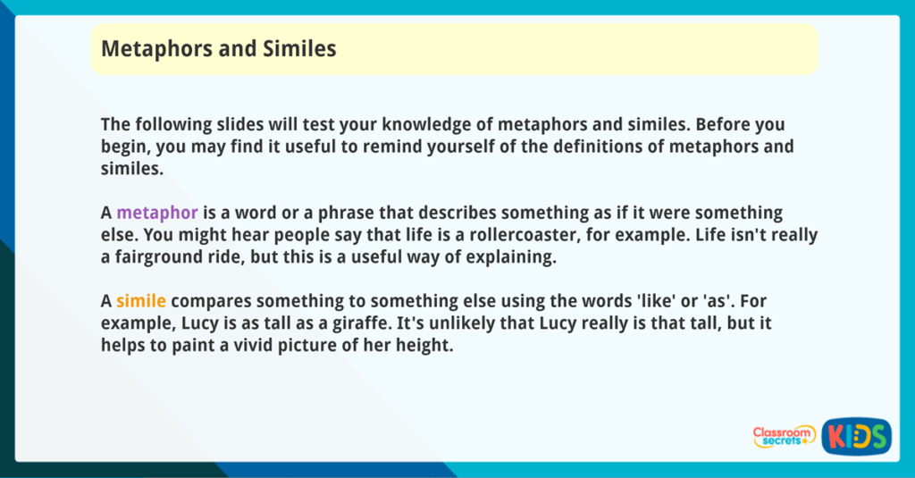 Year 3 Similes And Metaphors Game Classroom Secrets Kids